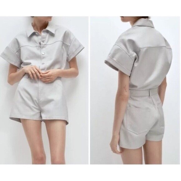 Zara Pants - Zara Metallic Gray Silver Shimmering Romper Button-Down Boiler Suit Size Medium